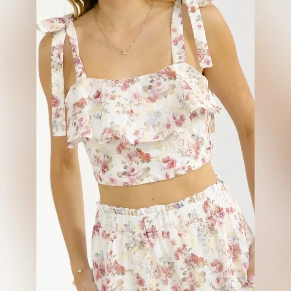 074 • Roses Print Cream Embroidery Floral Maxi Skirt Ruffle Crop Top Summer Set - Picture 2 of 11